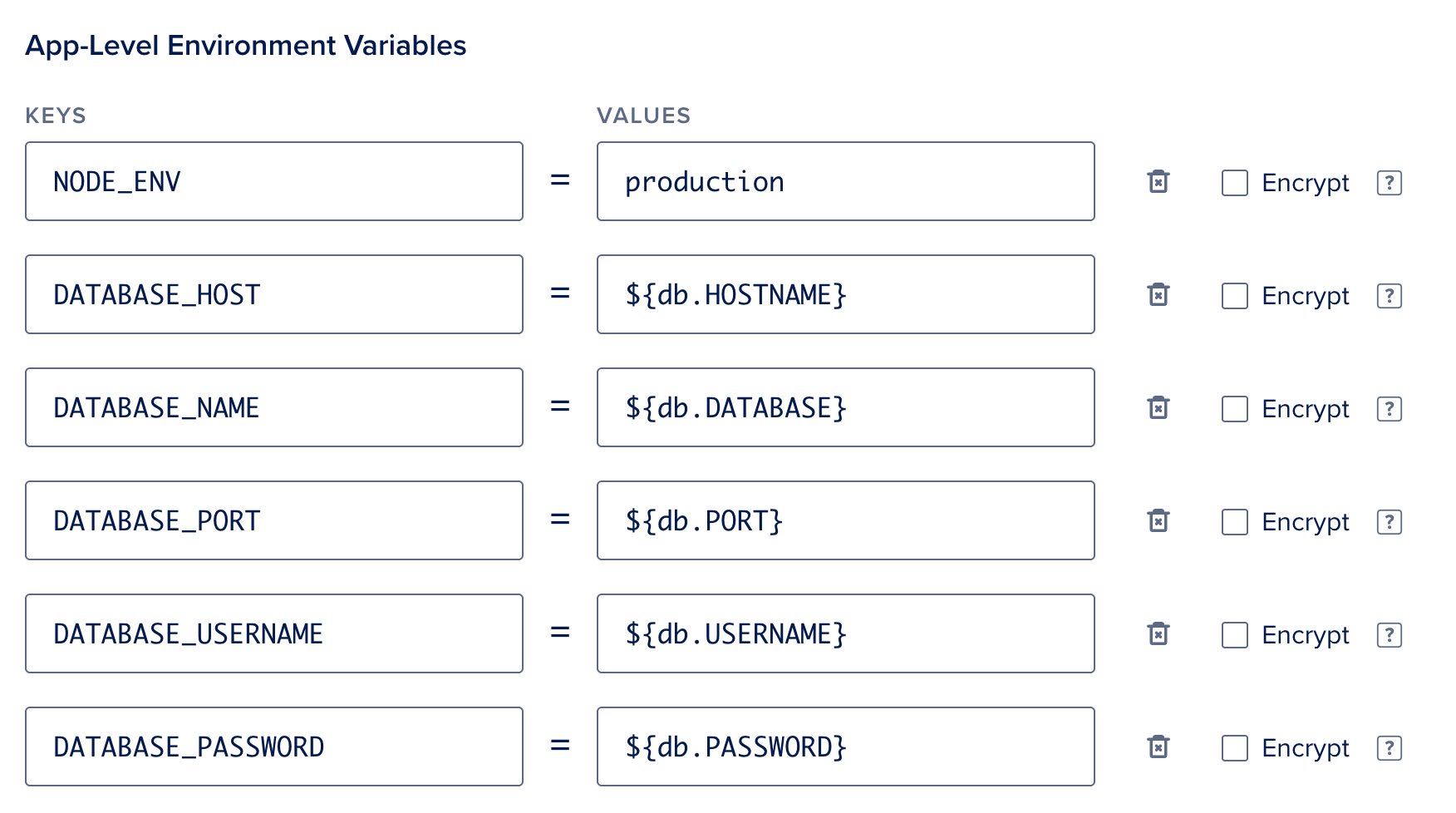 Screenshot of environmental variables in DO app platform. See below for text version