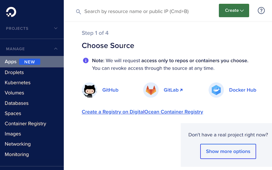 Screenshot of digital ocean app platform, showing creation of new app with GitHub option